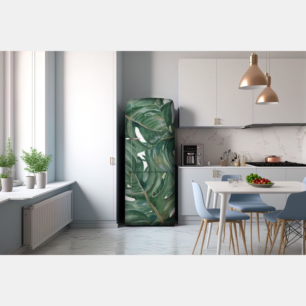 Naklejka na lodówkę malowane akwarelą liście monstery – Wallissimo® Naklejka na lodówkę malowane akwarelą liście monstery – Wallissimo®