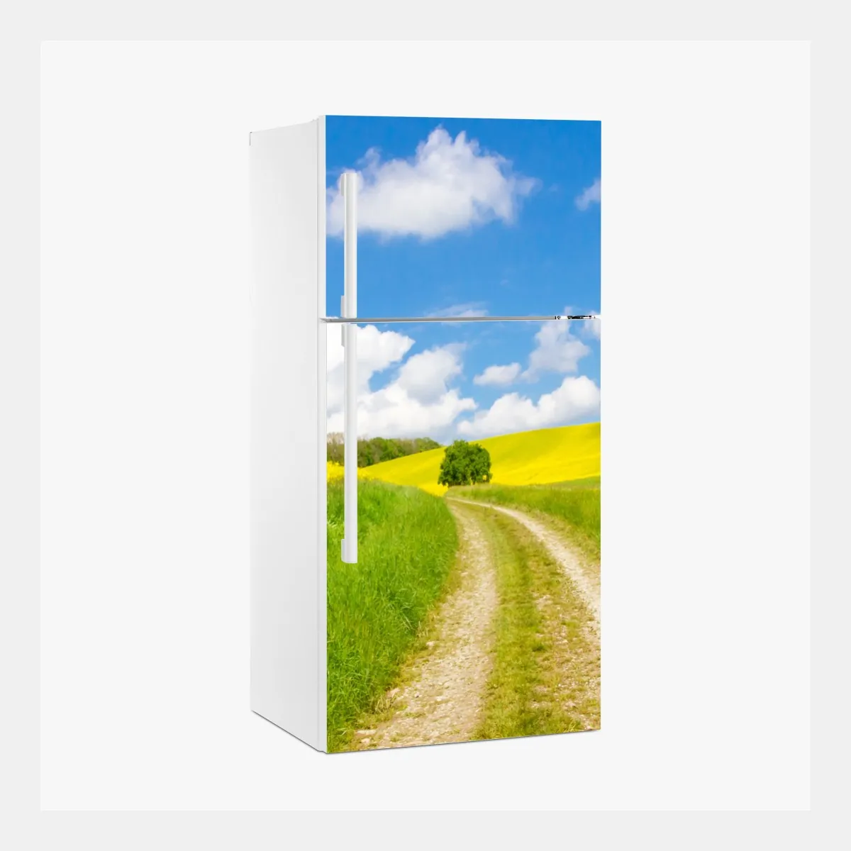 Naklejka na lodówkę słoneczna wiejska droga przez żółte pola – Wallissimo® Naklejka na lodówkę słoneczna wiejska droga przez żółte pola – Wallissimo®