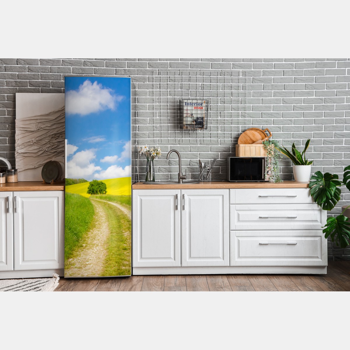 Naklejka na lodówkę słoneczna wiejska droga przez żółte pola – Wallissimo® Naklejka na lodówkę słoneczna wiejska droga przez żółte pola – Wallissimo®