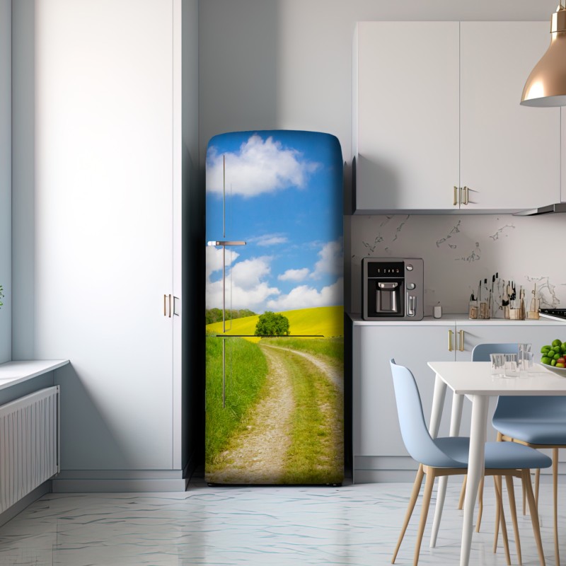 Naklejka na lodówkę słoneczna wiejska droga przez żółte pola – Wallissimo® Naklejka na lodówkę słoneczna wiejska droga przez żółte pola – Wallissimo®