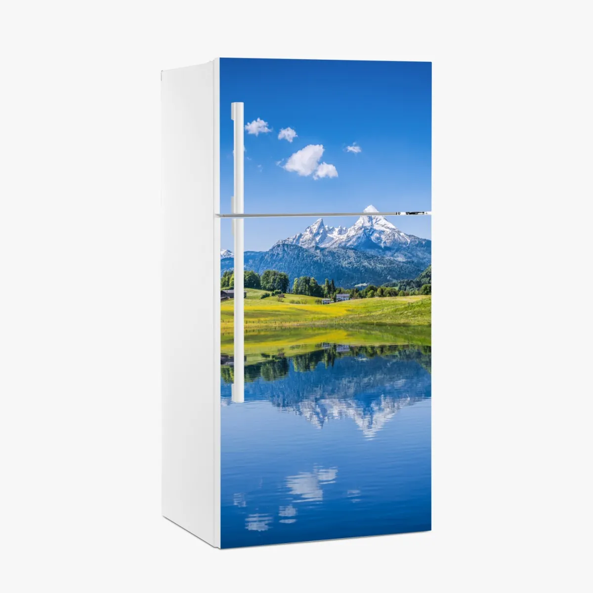 Naklejka na lodówkę alpejskie odbicie: spokojny krajobraz górski – Wallissimo® Naklejka na lodówkę alpejskie odbicie: spokojny krajobraz górski – Wallissimo®