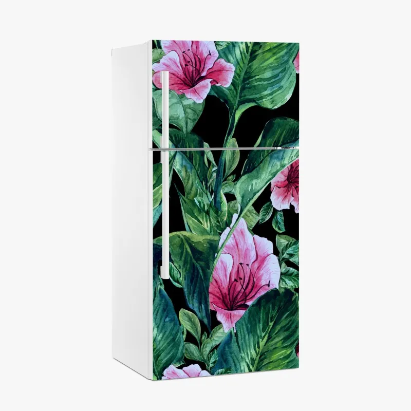 Naklejka na lodówkę różowe akwarelowe kwiaty na czarnym tle