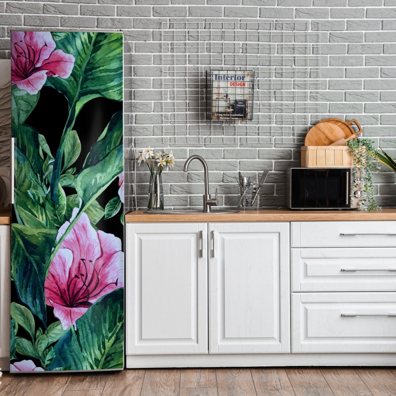 Naklejka na lodówkę różowe akwarelowe kwiaty na czarnym tle – Wallissimo® Naklejka na lodówkę różowe akwarelowe kwiaty na czarnym tle – Wallissimo®