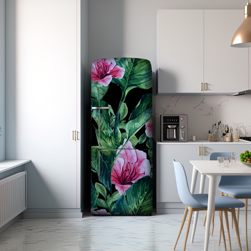 Naklejka na lodówkę różowe akwarelowe kwiaty na czarnym tle – Wallissimo® Naklejka na lodówkę różowe akwarelowe kwiaty na czarnym tle – Wallissimo®