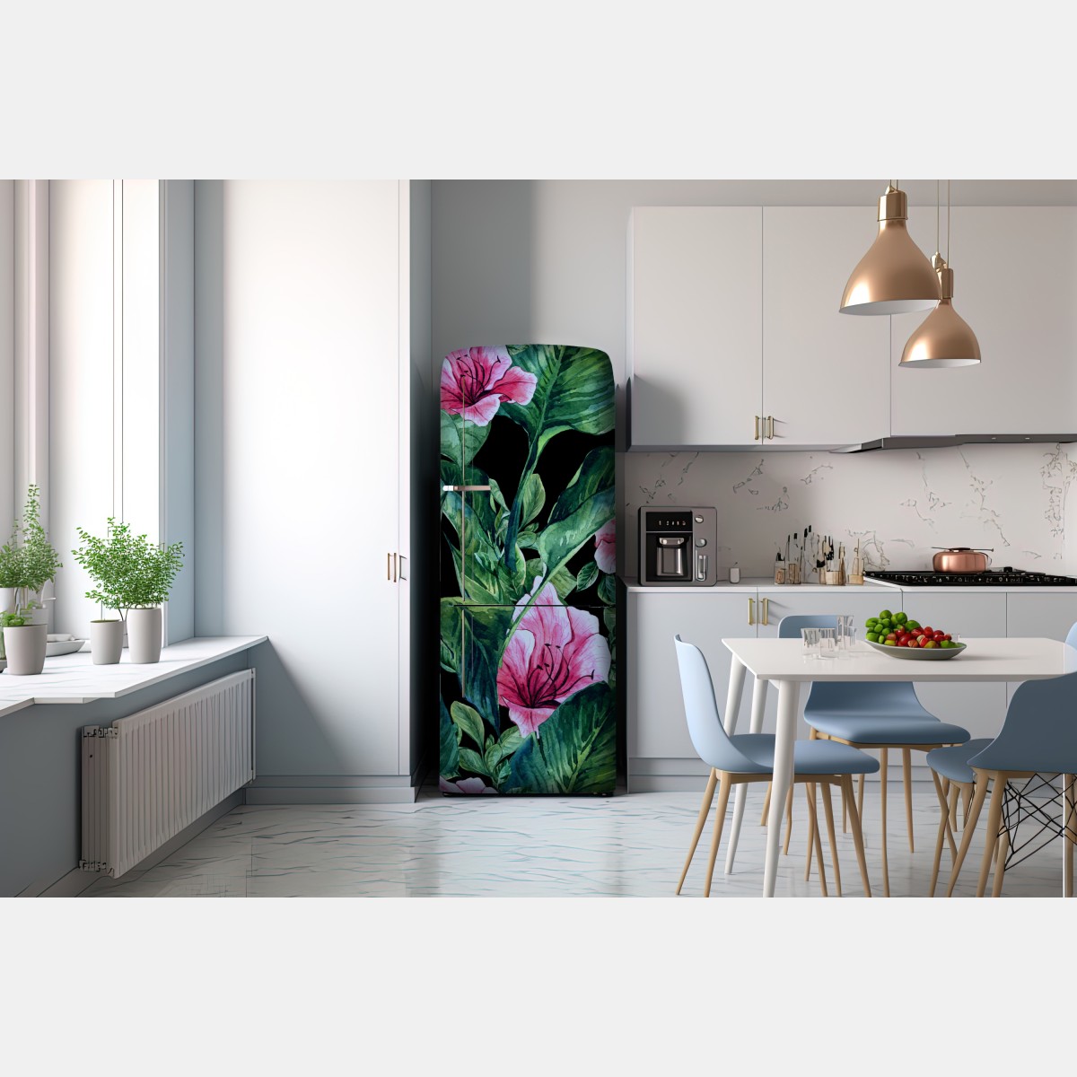 Naklejka na lodówkę różowe akwarelowe kwiaty na czarnym tle – Wallissimo® Naklejka na lodówkę różowe akwarelowe kwiaty na czarnym tle – Wallissimo®