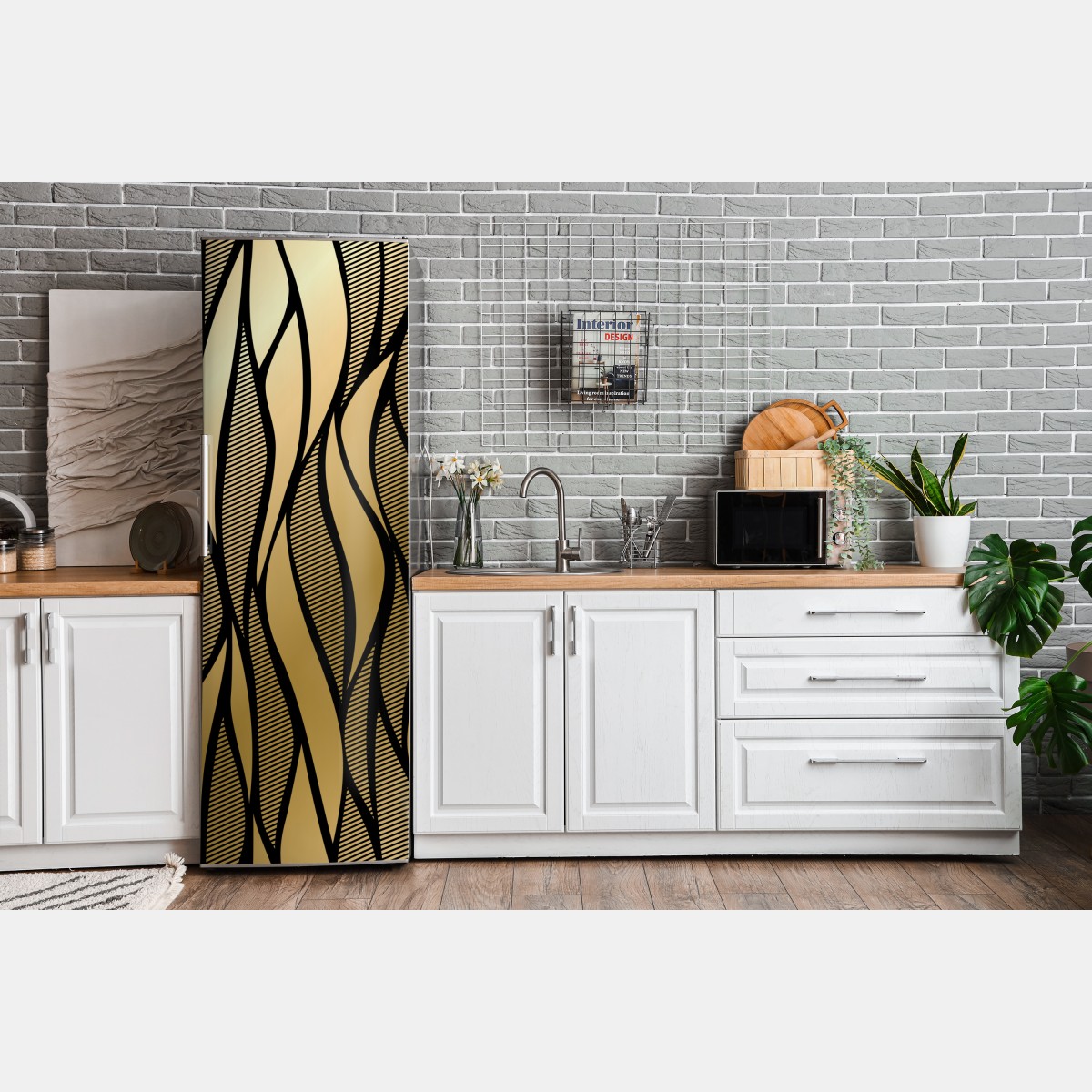 Naklejka na lodówkę luksusowy złoty abstrakcyjny wzór fal – Wallissimo® Naklejka na lodówkę luksusowy złoty abstrakcyjny wzór fal – Wallissimo®