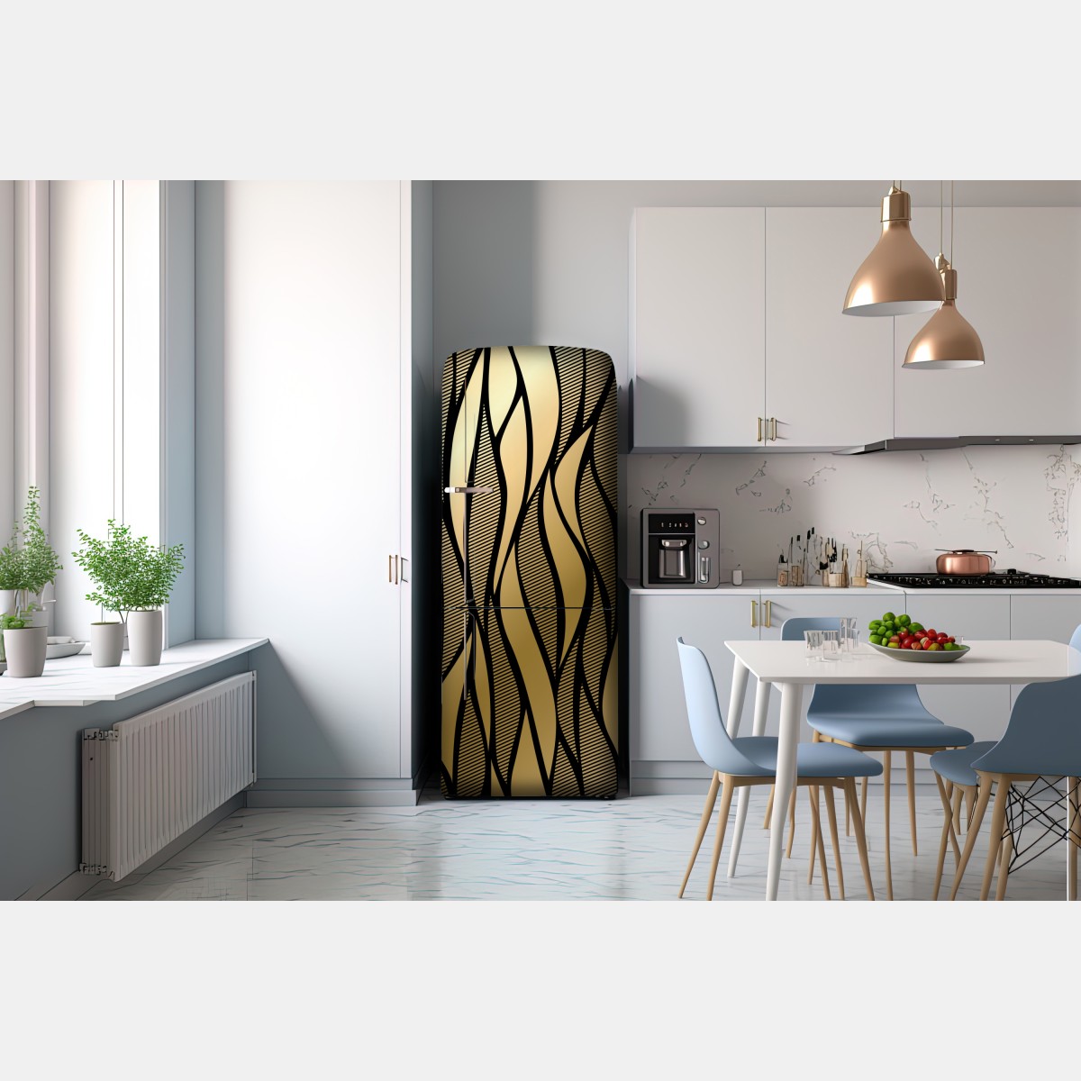 Naklejka na lodówkę luksusowy złoty abstrakcyjny wzór fal – Wallissimo® Naklejka na lodówkę luksusowy złoty abstrakcyjny wzór fal – Wallissimo®