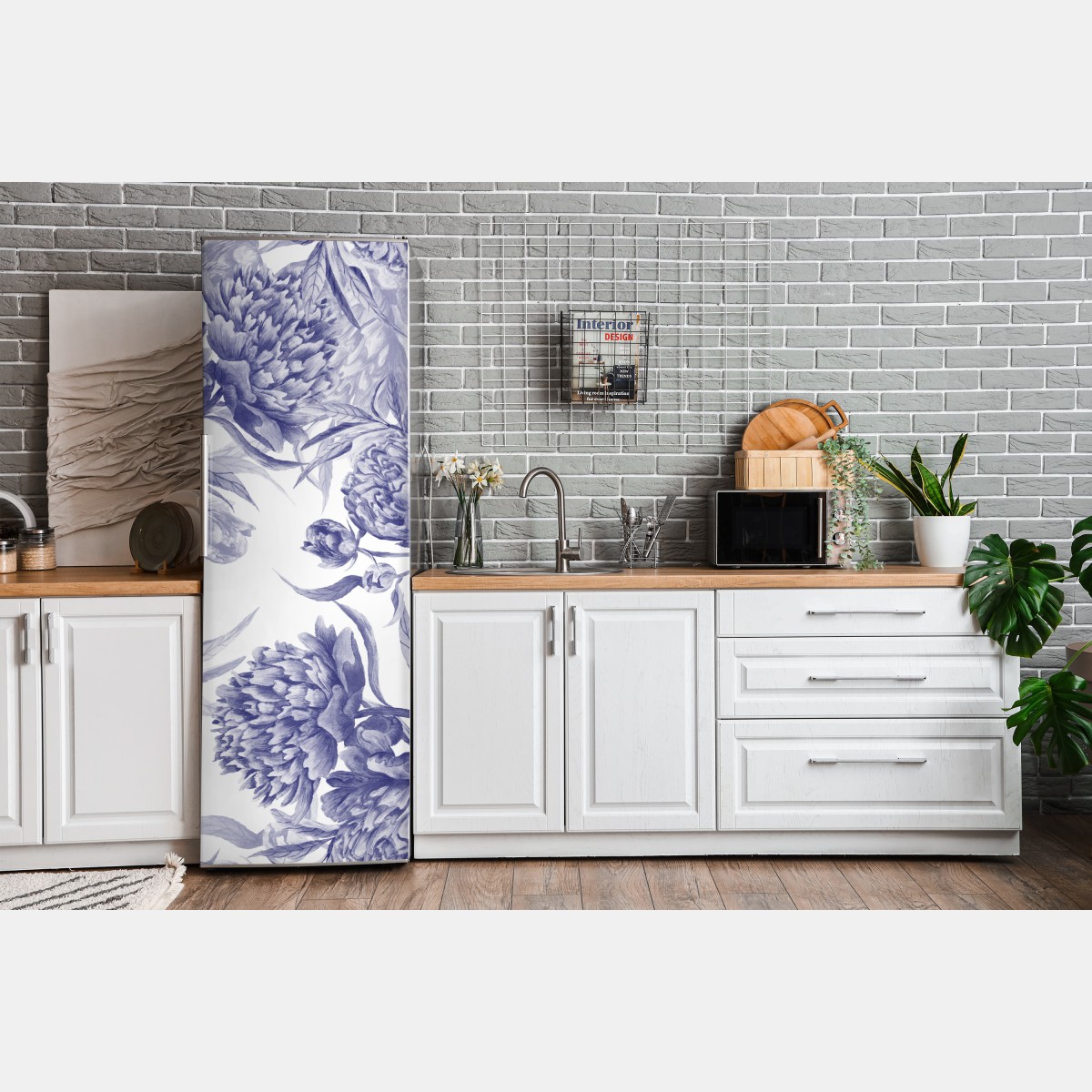 Naklejka na lodówkę niebieskie peonie w stylu botanicznym – Wallissimo® Naklejka na lodówkę niebieskie peonie w stylu botanicznym – Wallissimo®