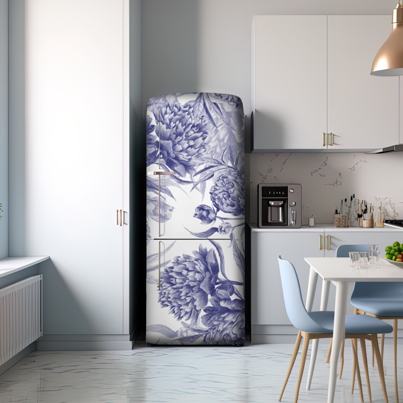 Naklejka na lodówkę niebieskie peonie w stylu botanicznym – Wallissimo® Naklejka na lodówkę niebieskie peonie w stylu botanicznym – Wallissimo®