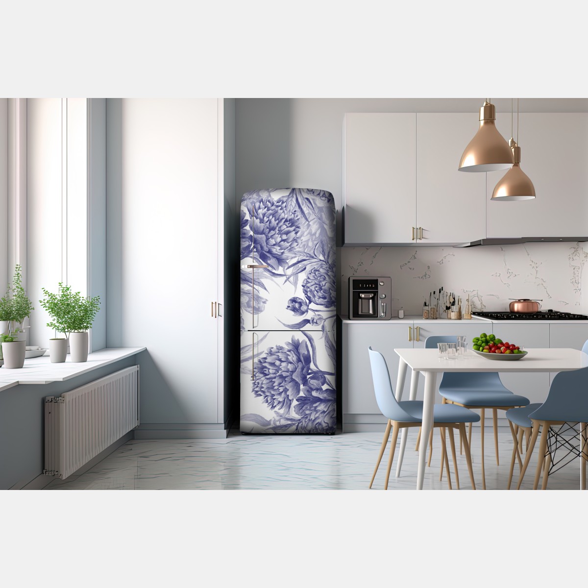 Naklejka na lodówkę niebieskie peonie w stylu botanicznym – Wallissimo® Naklejka na lodówkę niebieskie peonie w stylu botanicznym – Wallissimo®