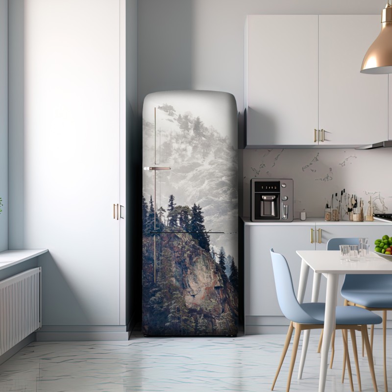 Naklejka na lodówkę mglista góra z urwiskiem i sosnowym lasem – Wallissimo® Naklejka na lodówkę mglista góra z urwiskiem i sosnowym lasem – Wallissimo®