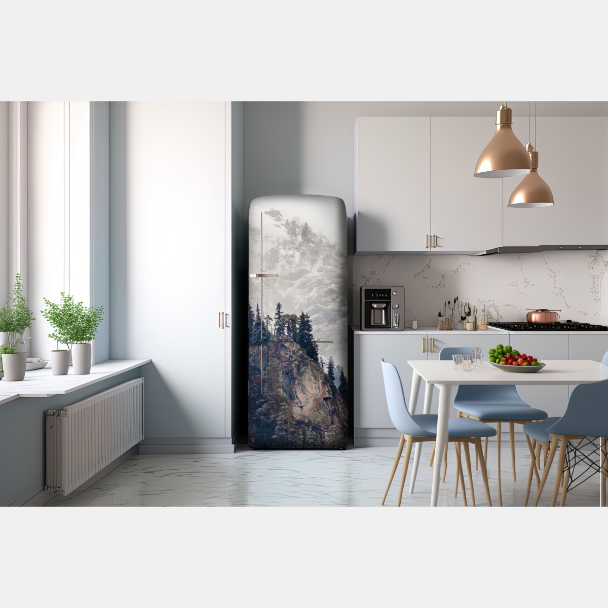 Naklejka na lodówkę mglista góra z urwiskiem i sosnowym lasem – Wallissimo® Naklejka na lodówkę mglista góra z urwiskiem i sosnowym lasem – Wallissimo®