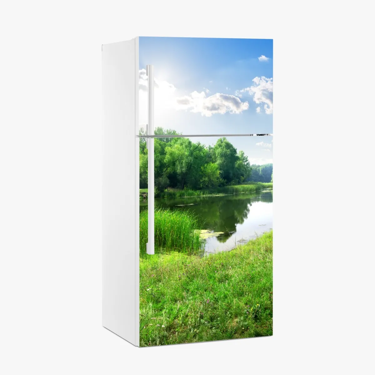 Naklejka na lodówkę słoneczna łąka nad rzeką – Wallissimo® Naklejka na lodówkę słoneczna łąka nad rzeką – Wallissimo®