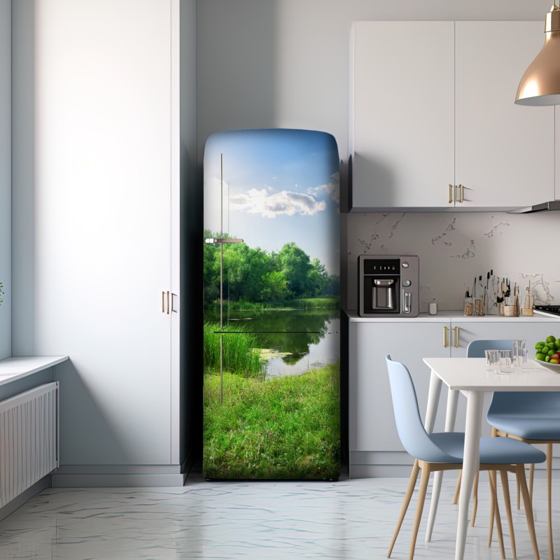 Naklejka na lodówkę słoneczna łąka nad rzeką – Wallissimo® Naklejka na lodówkę słoneczna łąka nad rzeką – Wallissimo®