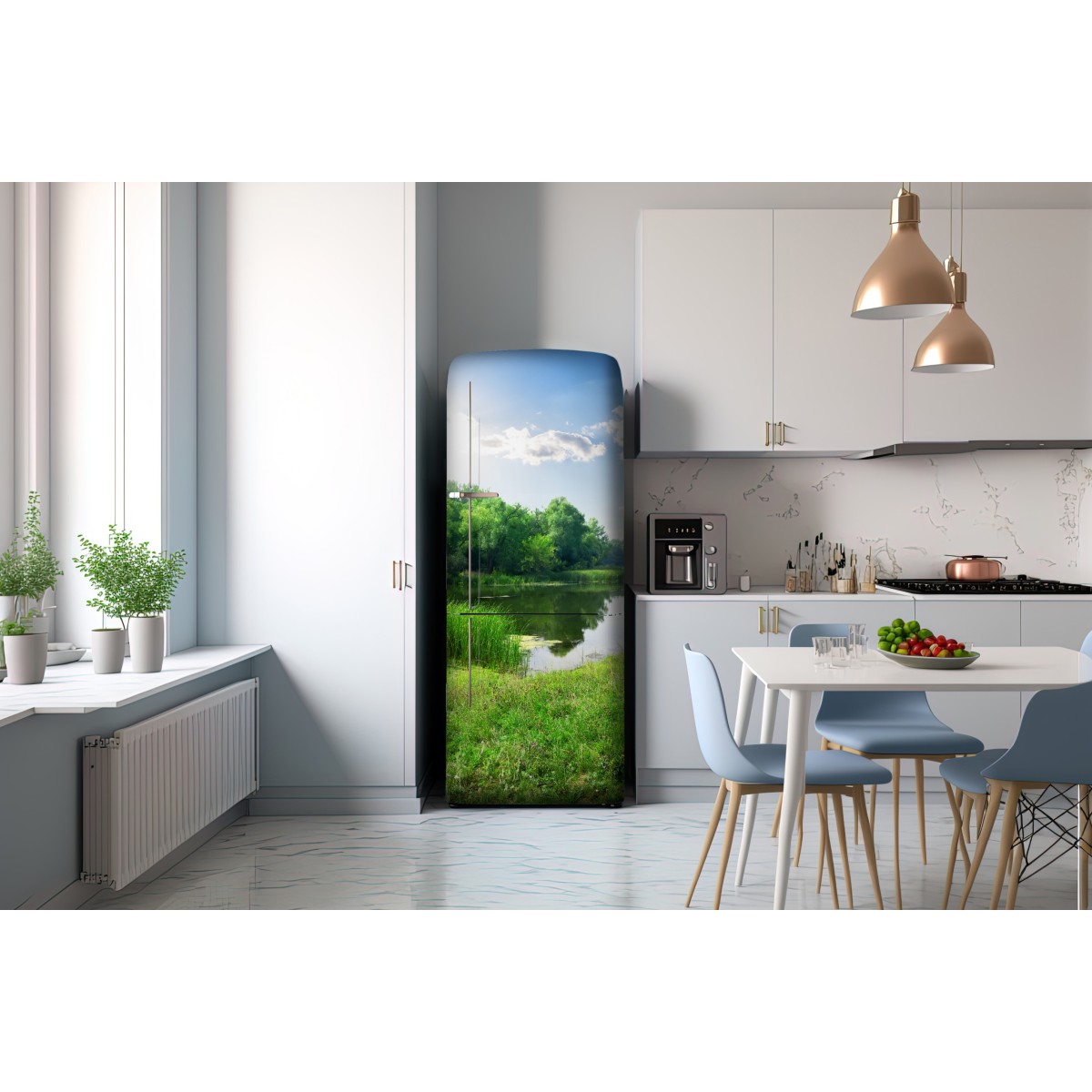 Naklejka na lodówkę słoneczna łąka nad rzeką – Wallissimo® Naklejka na lodówkę słoneczna łąka nad rzeką – Wallissimo®