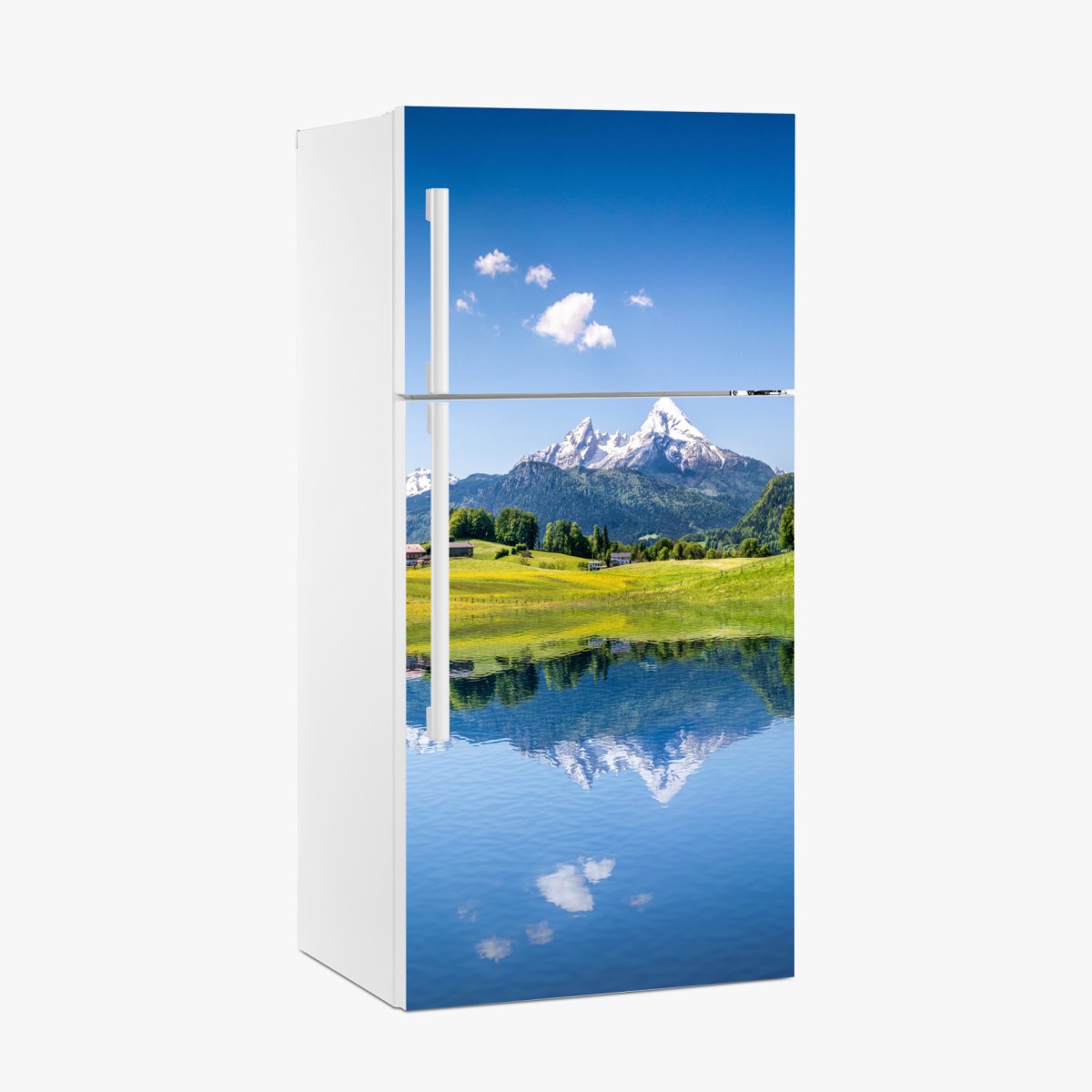 Fridge sticker alpine peaks reflected in a tranquil lake