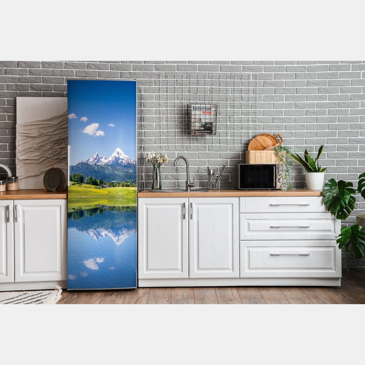 Naklejka na lodówkę alpejskie szczyty odbite w spokojnym jeziorze – Wallissimo® Naklejka na lodówkę alpejskie szczyty odbite w spokojnym jeziorze – Wallissimo®