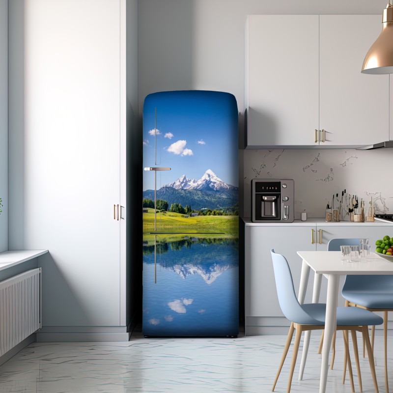 Naklejka na lodówkę alpejskie szczyty odbite w spokojnym jeziorze – Wallissimo® Naklejka na lodówkę alpejskie szczyty odbite w spokojnym jeziorze – Wallissimo®
