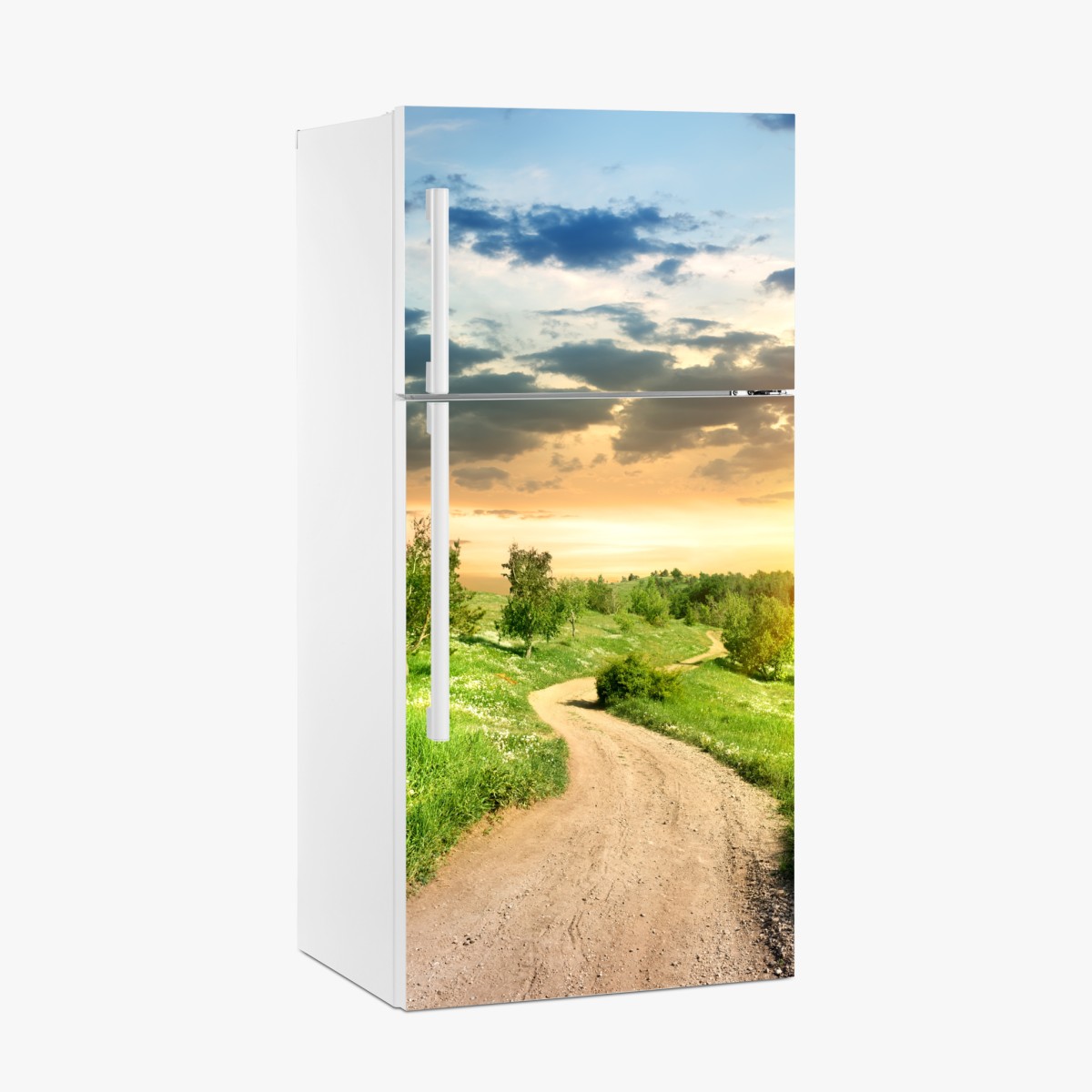 Fridge sticker sunset country road through green meadow