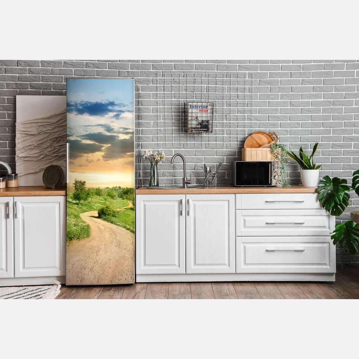 Naklejka na lodówkę zachód słońca nad polną drogą w zielonej łące – Wallissimo® Naklejka na lodówkę zachód słońca nad polną drogą w zielonej łące – Wallissimo®