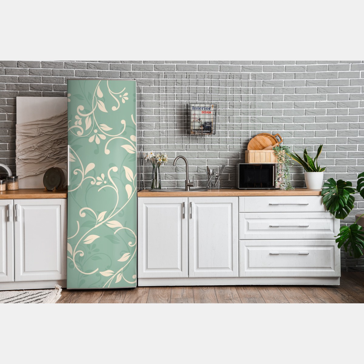 Naklejka na lodówkę miętowy kwiatowy wzór w stylu vintage – Wallissimo® Naklejka na lodówkę miętowy kwiatowy wzór w stylu vintage – Wallissimo®