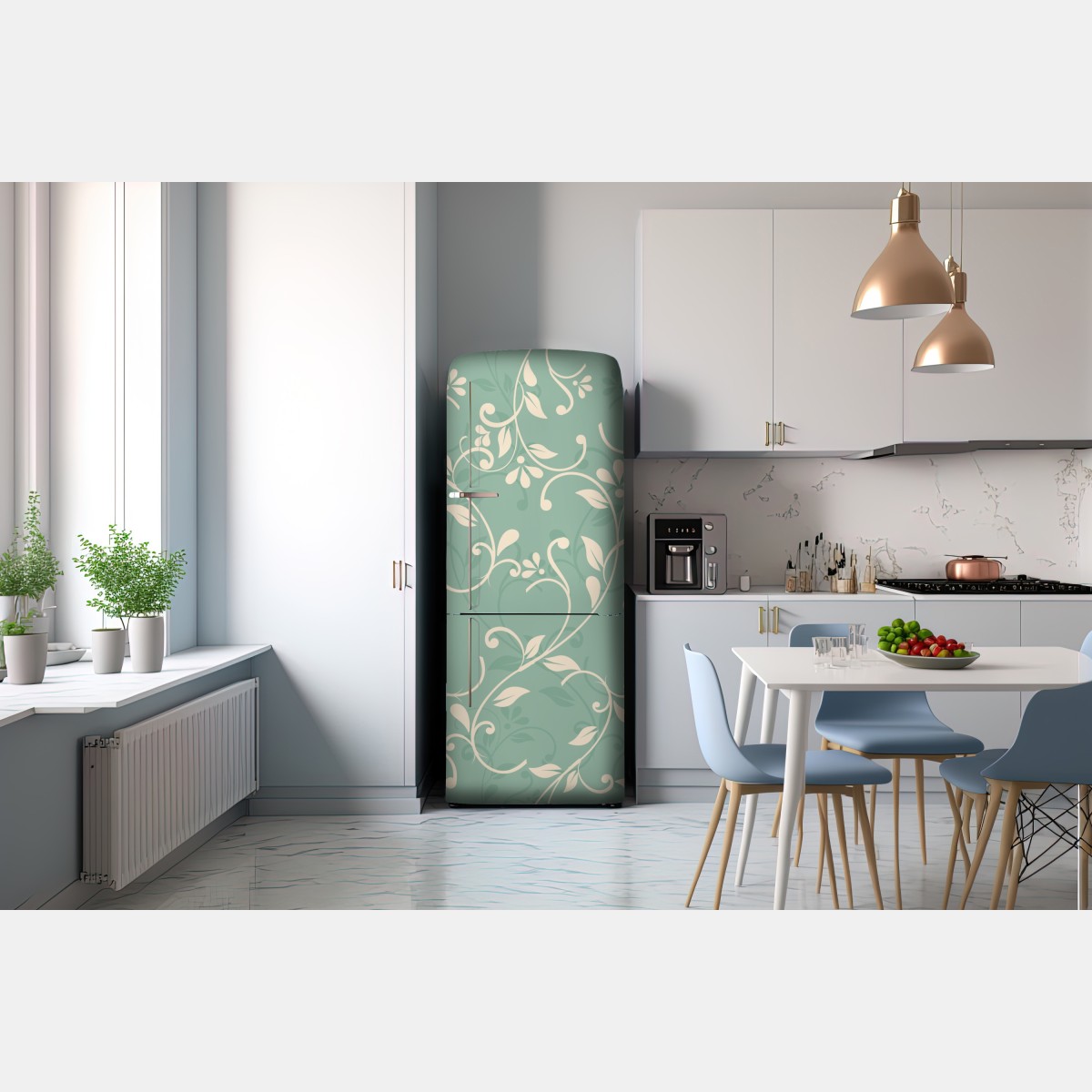 Naklejka na lodówkę miętowy kwiatowy wzór w stylu vintage – Wallissimo® Naklejka na lodówkę miętowy kwiatowy wzór w stylu vintage – Wallissimo®