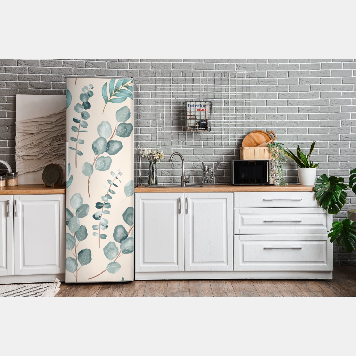 Naklejka na lodówkę pastelowy wzór liści eukaliptusa – Wallissimo® Naklejka na lodówkę pastelowy wzór liści eukaliptusa – Wallissimo®