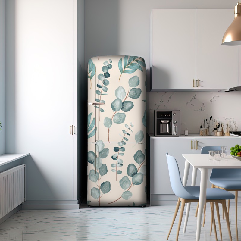 Naklejka na lodówkę pastelowy wzór liści eukaliptusa – Wallissimo® Naklejka na lodówkę pastelowy wzór liści eukaliptusa – Wallissimo®