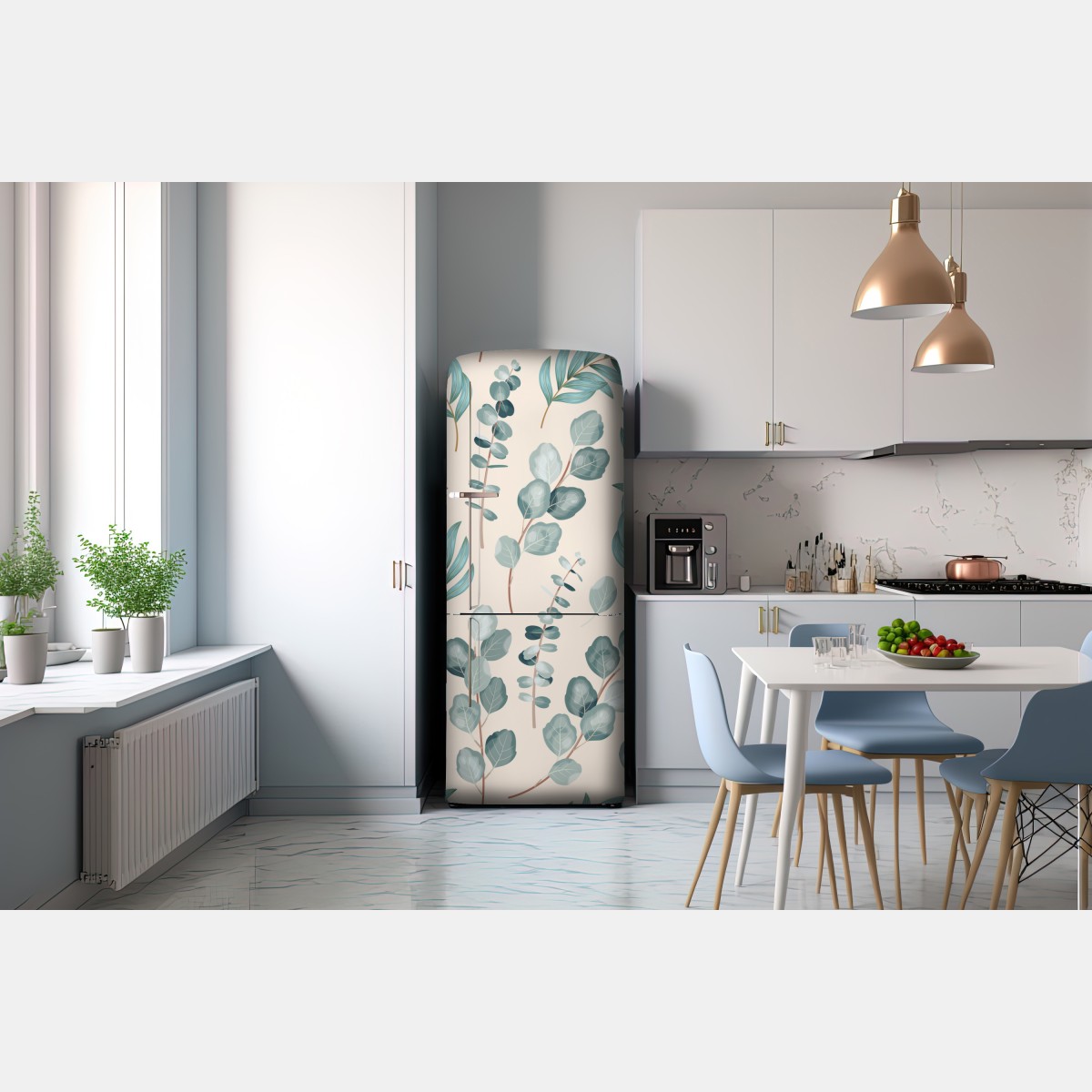 Naklejka na lodówkę pastelowy wzór liści eukaliptusa – Wallissimo® Naklejka na lodówkę pastelowy wzór liści eukaliptusa – Wallissimo®