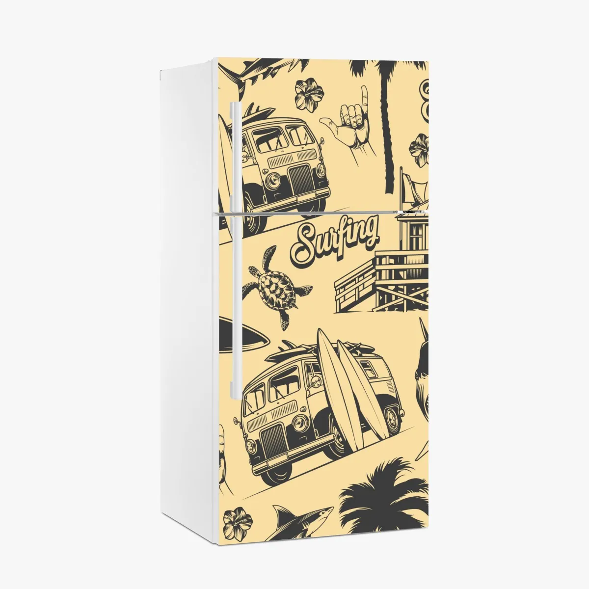 Naklejka na lodówkę retro wzór surfingowy z furgonetką i falami – Wallissimo® Naklejka na lodówkę retro wzór surfingowy z furgonetką i falami – Wallissimo®