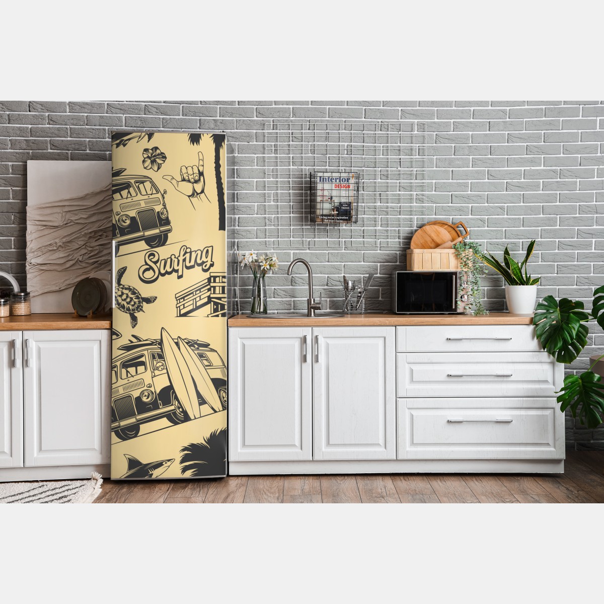 Naklejka na lodówkę retro wzór surfingowy z furgonetką i falami – Wallissimo® Naklejka na lodówkę retro wzór surfingowy z furgonetką i falami – Wallissimo®