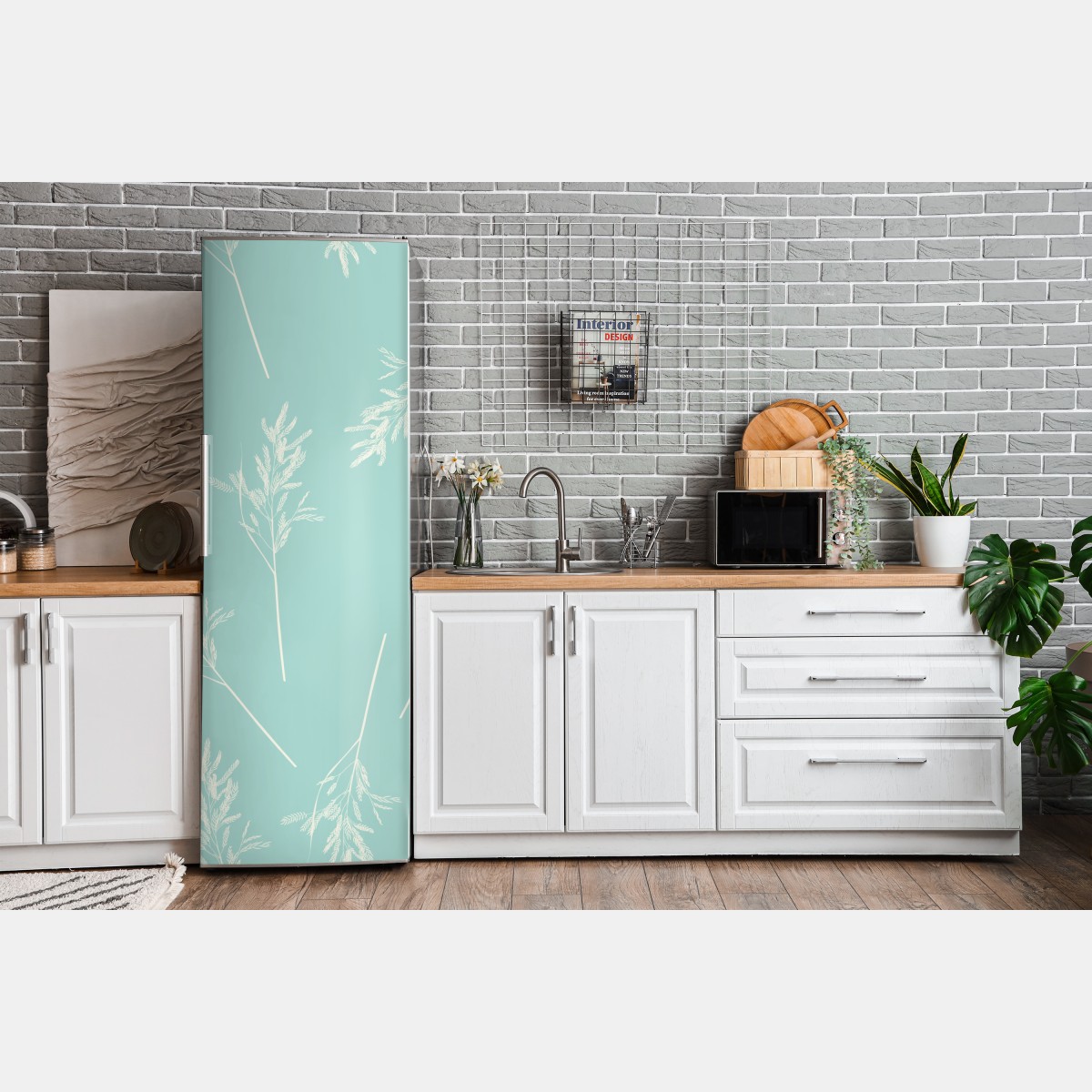 Naklejka na lodówkę delikatny turkusowy wzór botaniczny – Wallissimo® Naklejka na lodówkę delikatny turkusowy wzór botaniczny – Wallissimo®