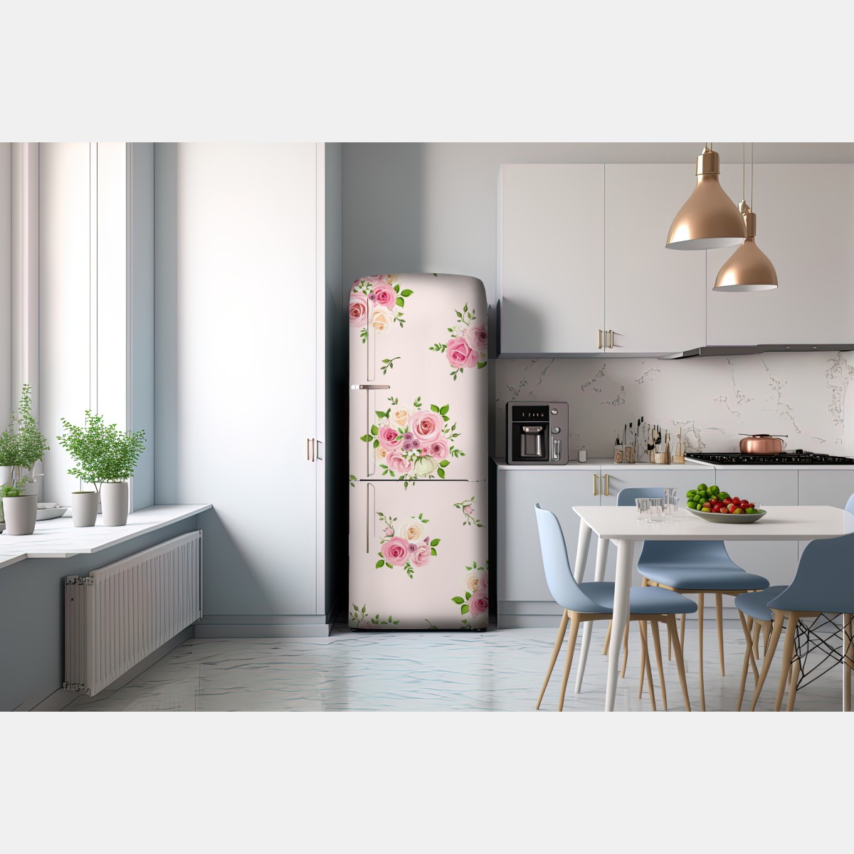 Naklejka na lodówkę delikatny różany wzór w pastelowych odcieniach – Wallissimo® Naklejka na lodówkę delikatny różany wzór w pastelowych odcieniach – Wallissimo®
