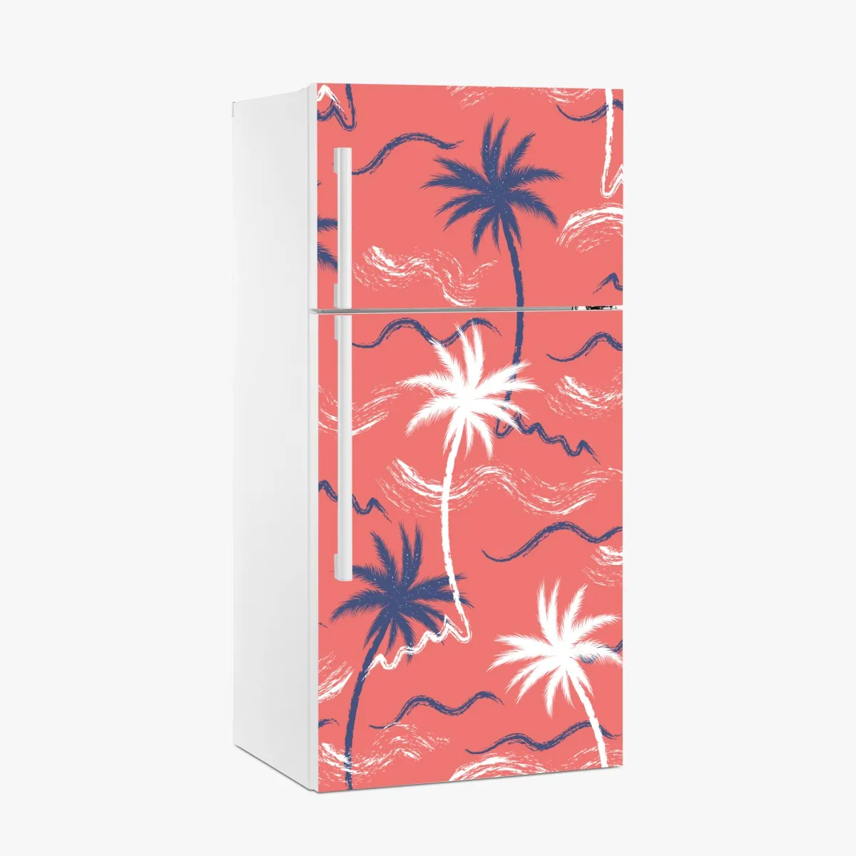 Naklejka na lodówkę tropikalny wzór palm w kolorze koralowym i granatowym – Wallissimo® Naklejka na lodówkę tropikalny wzór palm w kolorze koralowym i granatowym – Wallissimo®