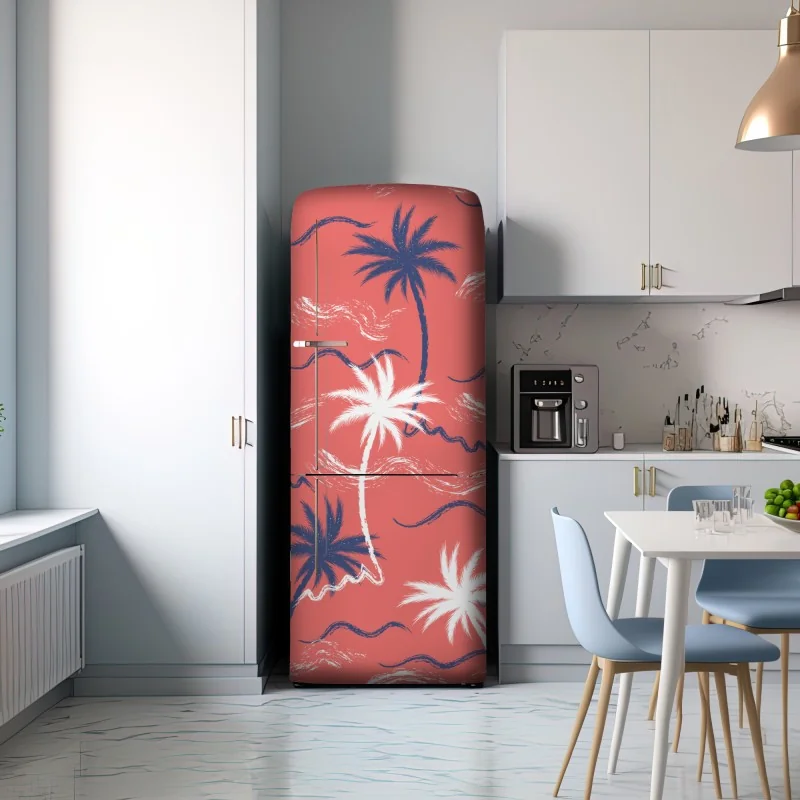 Naklejka na lodówkę tropikalny wzór palm w kolorze koralowym i granatowym – Wallissimo® Naklejka na lodówkę tropikalny wzór palm w kolorze koralowym i granatowym – Wallissimo®