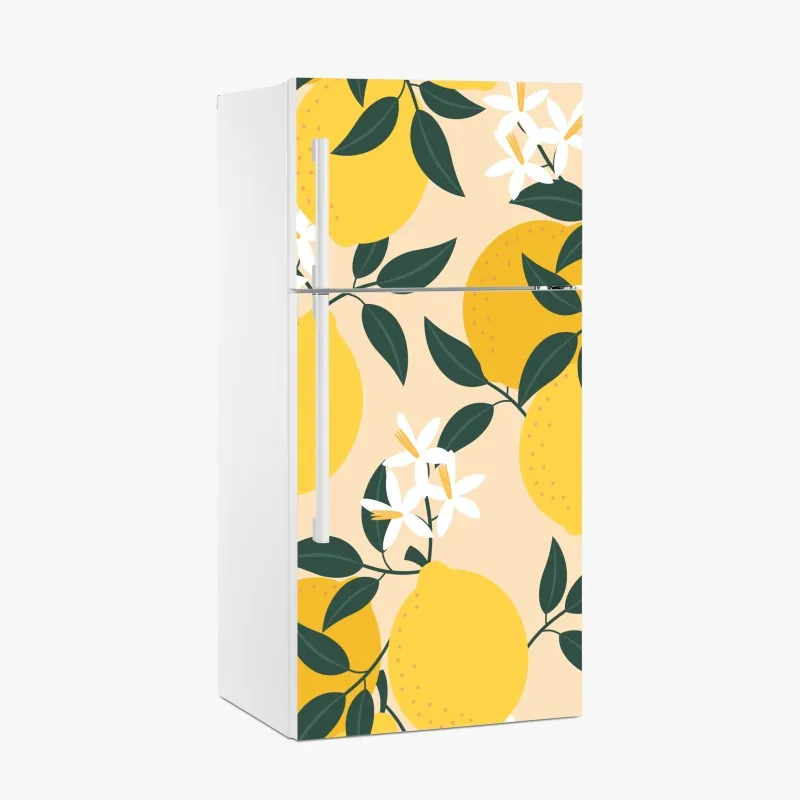 Naklejka na lodówkę jasny wzór z cytrynami i kwiatami