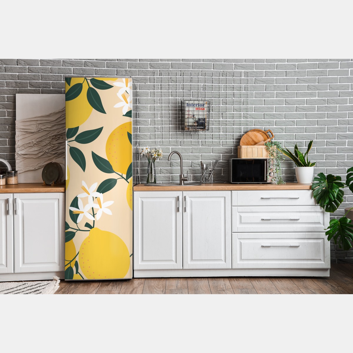 Naklejka na lodówkę jasny wzór z cytrynami i kwiatami – Wallissimo® Naklejka na lodówkę jasny wzór z cytrynami i kwiatami – Wallissimo®