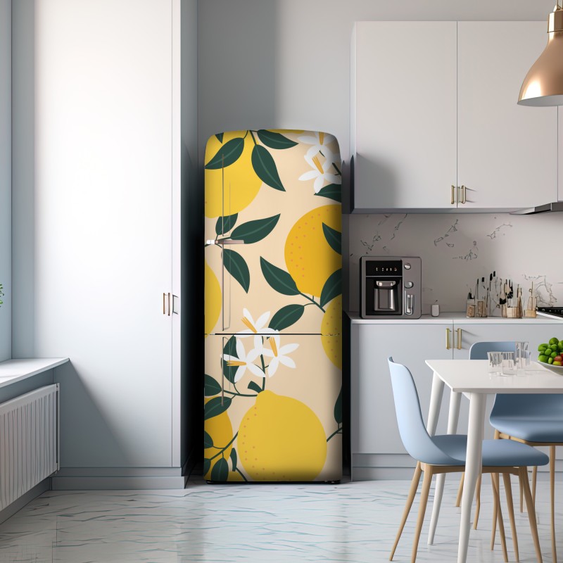 Naklejka na lodówkę jasny wzór z cytrynami i kwiatami – Wallissimo® Naklejka na lodówkę jasny wzór z cytrynami i kwiatami – Wallissimo®