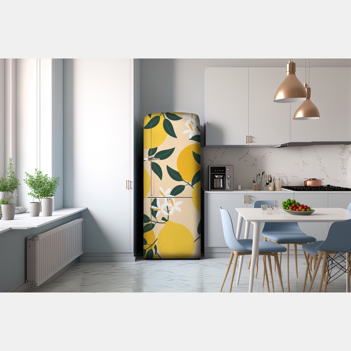 Naklejka na lodówkę jasny wzór z cytrynami i kwiatami – Wallissimo® Naklejka na lodówkę jasny wzór z cytrynami i kwiatami – Wallissimo®