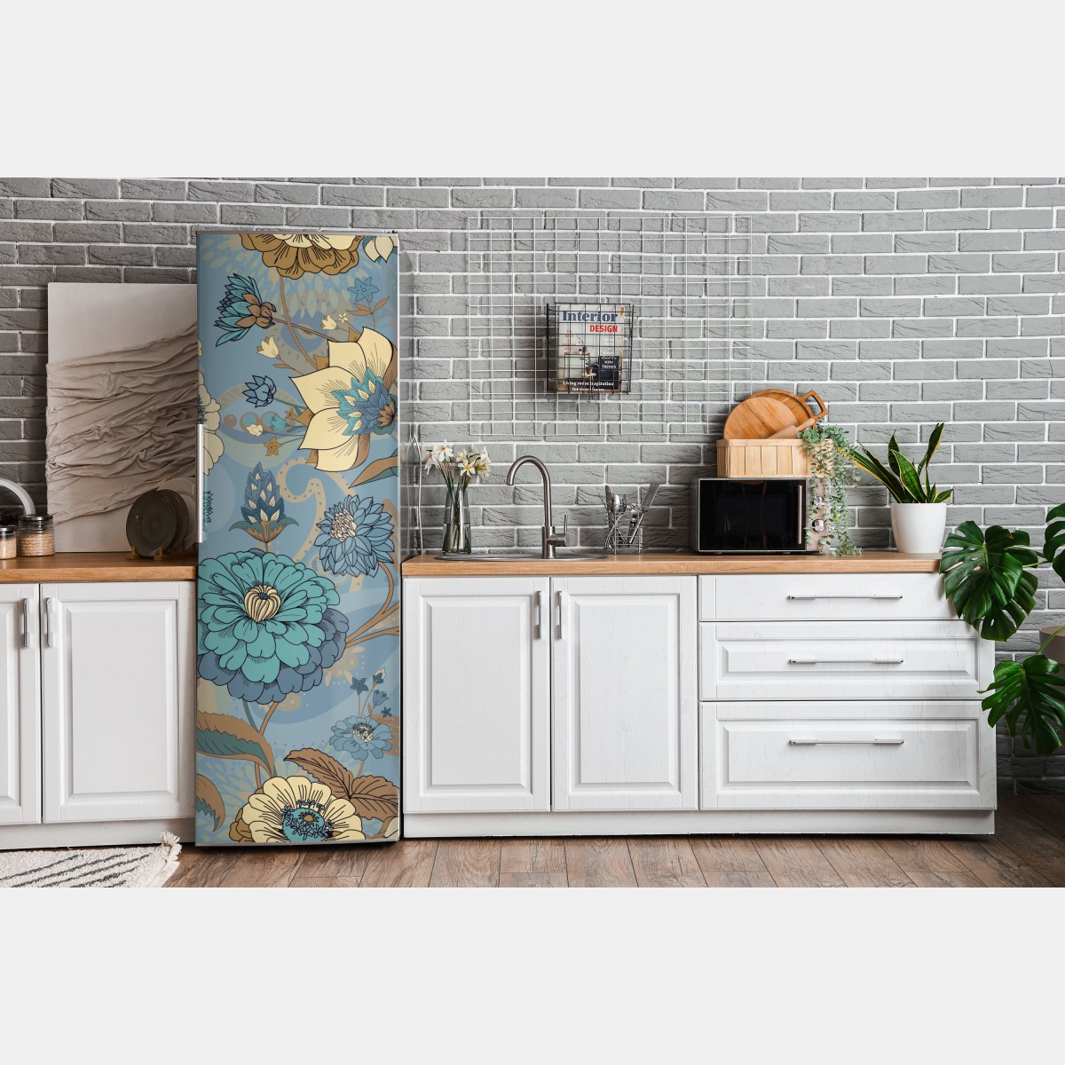 Naklejka na lodówkę wzór kwiatowy w stonowanych niebiesko-beżowych odcieniach – Wallissimo® Naklejka na lodówkę wzór kwiatowy w stonowanych niebiesko-beżowych odcieniach – Wallissimo®
