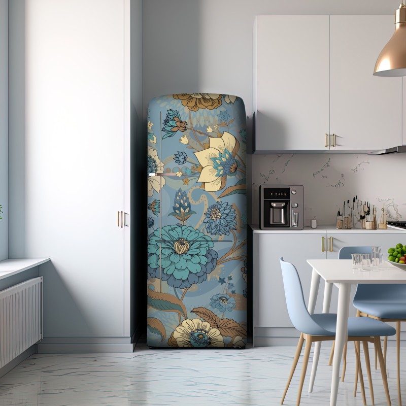 Naklejka na lodówkę wzór kwiatowy w stonowanych niebiesko-beżowych odcieniach – Wallissimo® Naklejka na lodówkę wzór kwiatowy w stonowanych niebiesko-beżowych odcieniach – Wallissimo®