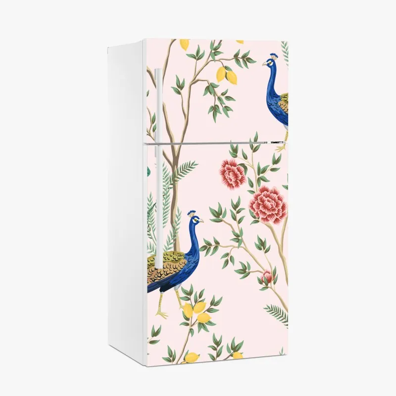 Naklejka na lodówkę elegancki wzór z pawiem i kwiatami na różowym tle