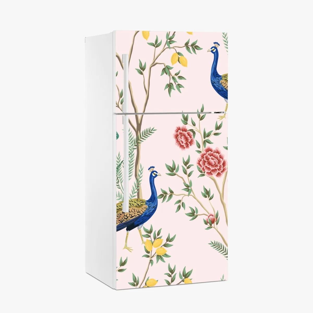 Naklejka na lodówkę elegancki wzór z pawiem i kwiatami na różowym tle – Wallissimo® Naklejka na lodówkę elegancki wzór z pawiem i kwiatami na różowym tle – Wallissimo®