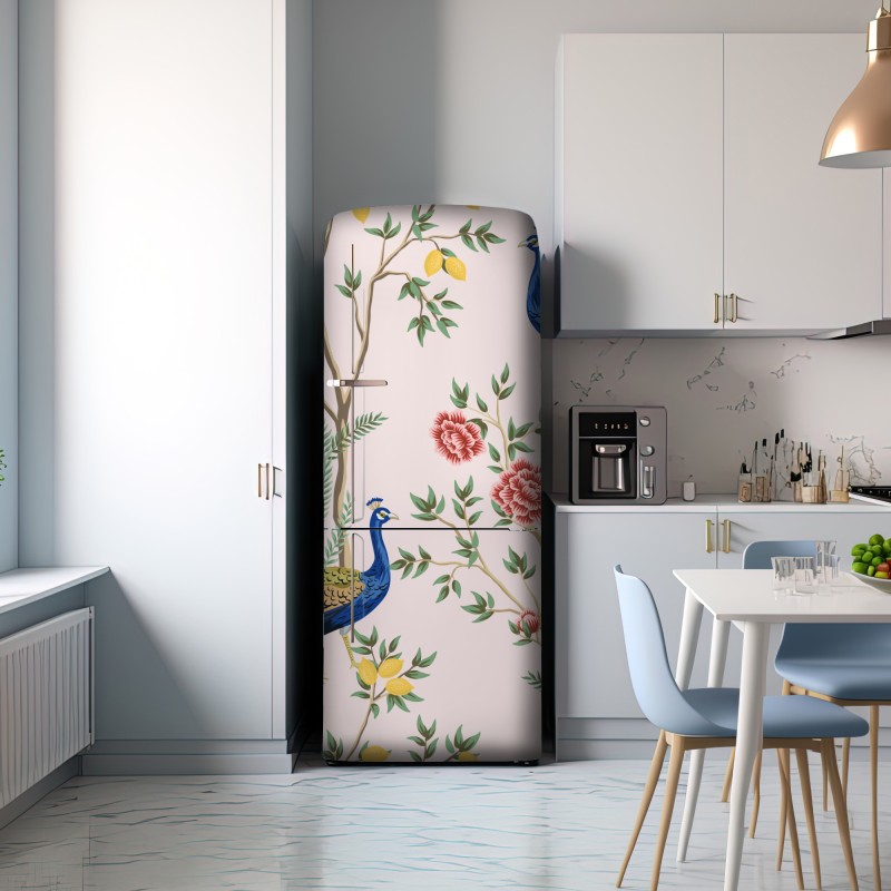 Naklejka na lodówkę elegancki wzór z pawiem i kwiatami na różowym tle – Wallissimo® Naklejka na lodówkę elegancki wzór z pawiem i kwiatami na różowym tle – Wallissimo®