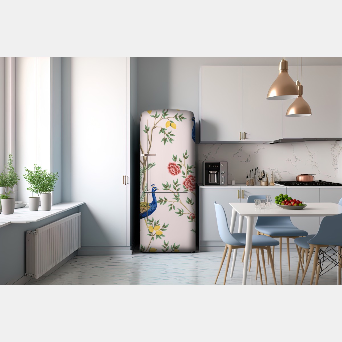 Naklejka na lodówkę elegancki wzór z pawiem i kwiatami na różowym tle – Wallissimo® Naklejka na lodówkę elegancki wzór z pawiem i kwiatami na różowym tle – Wallissimo®