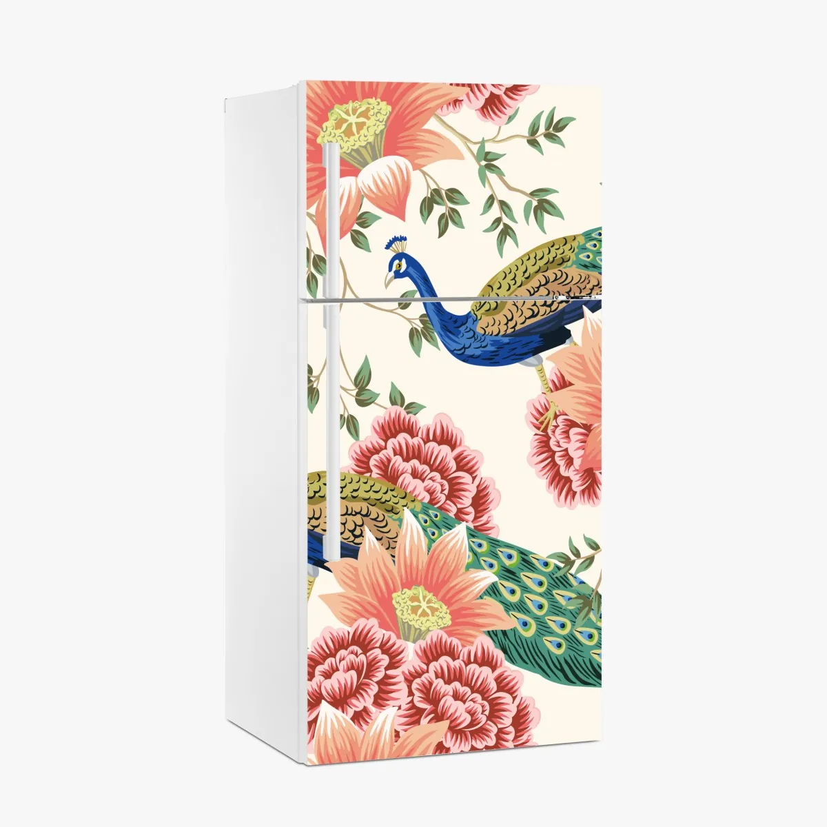 Naklejka na lodówkę elegancki wzór z pawiem i kwiatami – Wallissimo® Naklejka na lodówkę elegancki wzór z pawiem i kwiatami – Wallissimo®