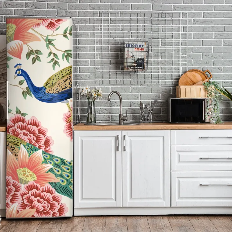 Naklejka na lodówkę odważna geometryczna elewacja w pomarańczy i turkusie – Wallissimo®