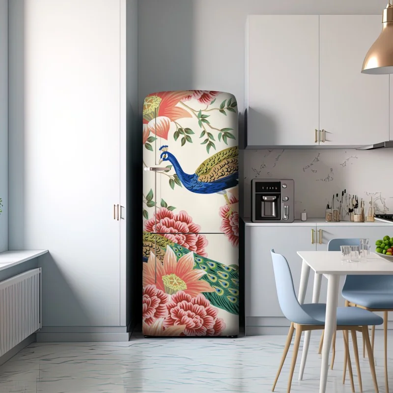 Naklejka na lodówkę elegancki wzór z pawiem i kwiatami – Wallissimo® Naklejka na lodówkę elegancki wzór z pawiem i kwiatami – Wallissimo®