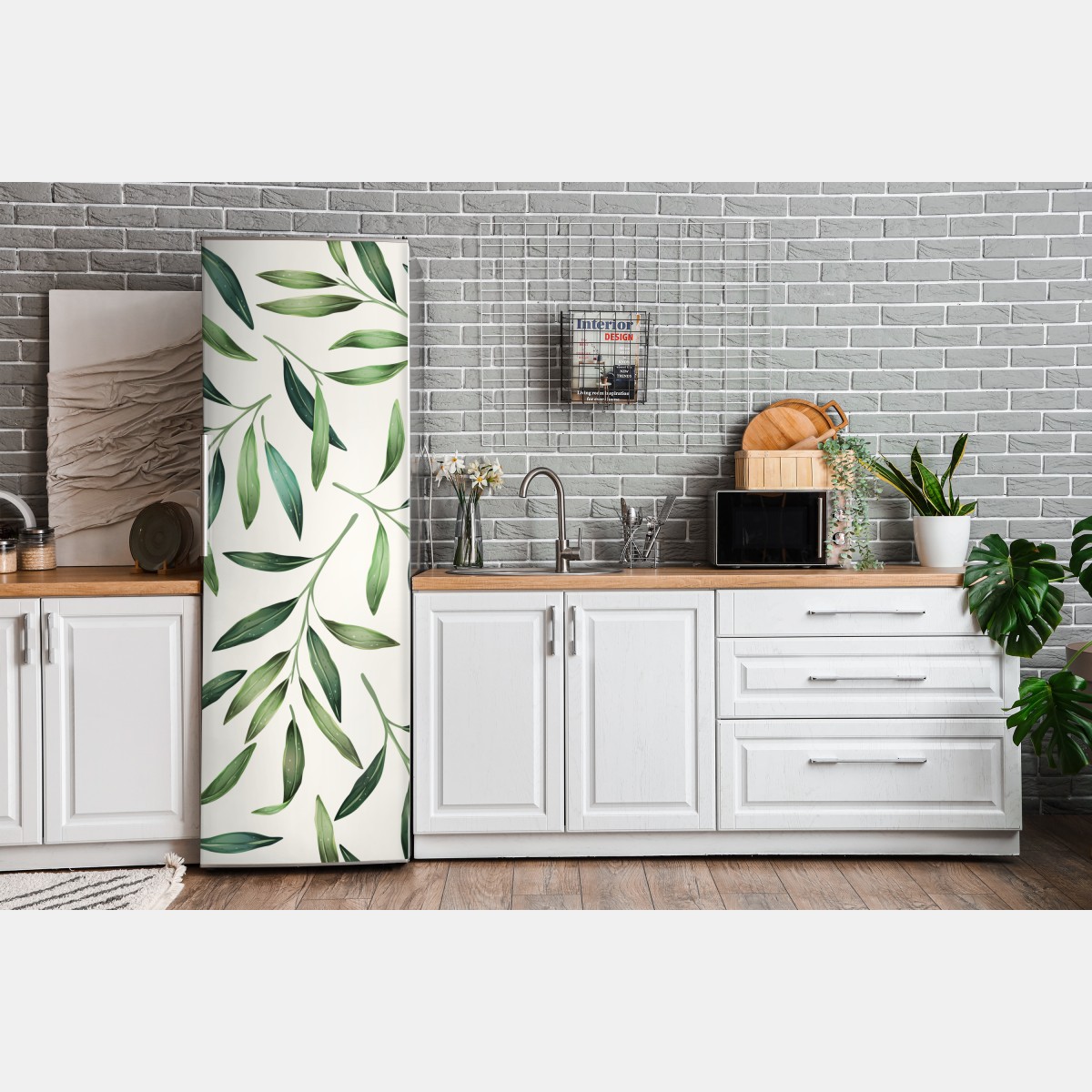 Naklejka na lodówkę zielony akwarelowy wzór liści – Wallissimo® Naklejka na lodówkę zielony akwarelowy wzór liści – Wallissimo®