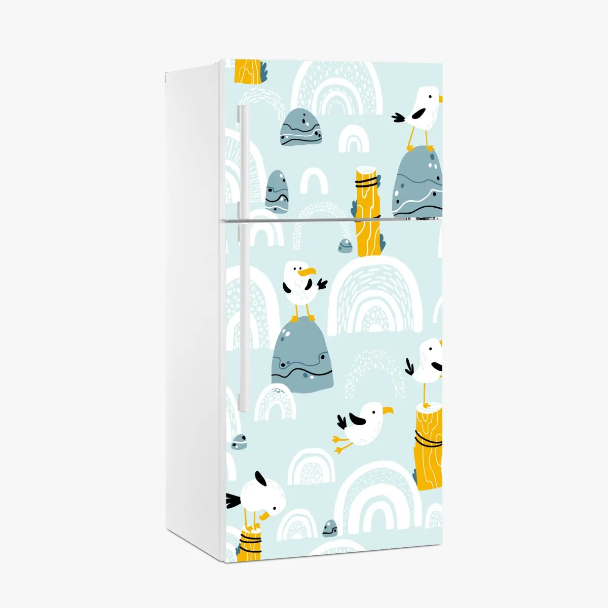 Naklejka na lodówkę wesołe mewy na pastelowych łukach – Wallissimo® Naklejka na lodówkę wesołe mewy na pastelowych łukach – Wallissimo®